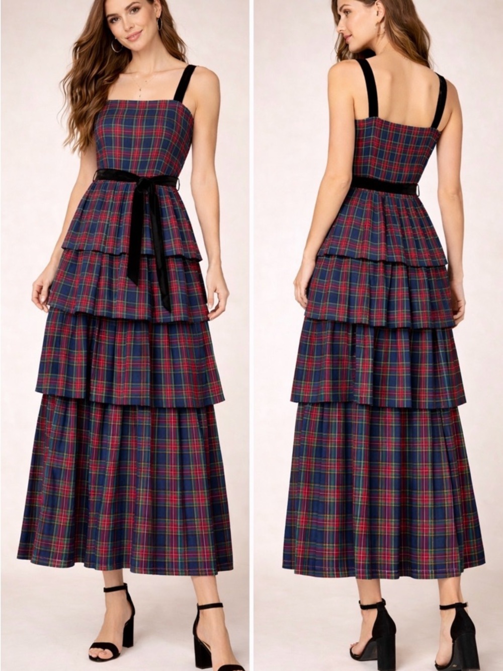 Plaid Tiered Sundress with Black Velvet Straps and Belt - Red/Navy